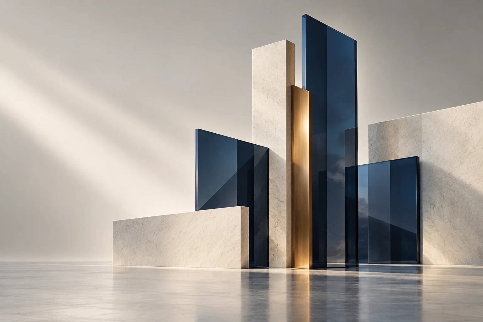 Abstract architectural composition in navy, ivory and bronze